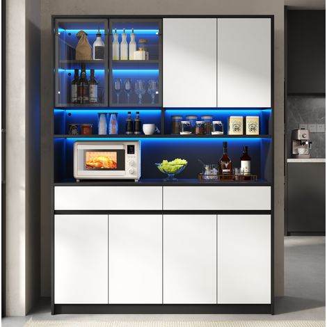 Buffet haut 120/38/160 cm noir et blanc avec LED, portes vitrées et tiroirs (1/5)