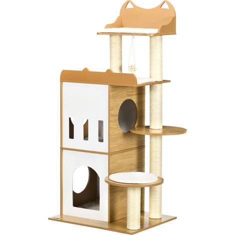 MDF-Katzenbaum mit Kratzbaum, 2 Katzenhöhlen, Liegeflächen und Spielball, 60 x 48 x 133 cm