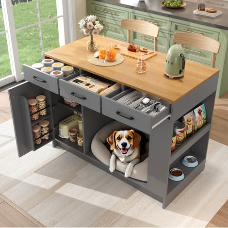 Îlot de cuisine 120/60/90 cm naturel et gris avec 3 tiroirs, range-épices et espace pour animal (1/5)