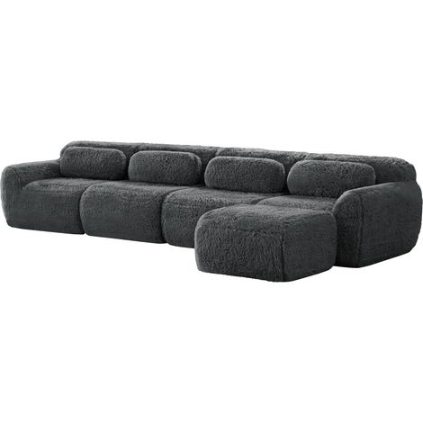 Sofá esquinero modular de 4 plazas en tejido efecto peluche gris, sin montaje, MODENUIT