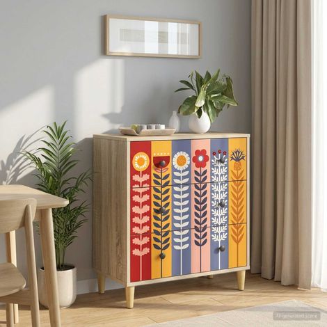 vidaXL Cajonera ESSEN Estampado de girasoles 66 x 36,5 x 75 cm Sonoma (1/5)