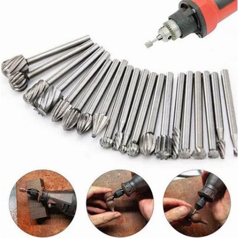 Ensemble de 20 pièces d'accessoires pour le travail du bois : lime rotative en acier rapide argenté, ponceuse électrique, tête de meulage et fraise en bout. (1/5)
