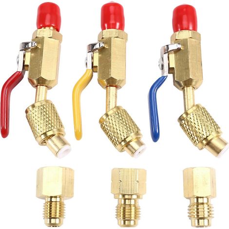 Lot de 3 vannes à bille coudées compactes pour réfrigérant R410A, R134A, R12, R22 et R502 tuyaux de charge pour climatisation et réfrigération pièce automobile (1/5)