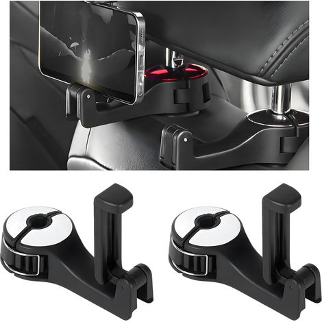 Paquete de 2 ganchos para reposacabezas de coche con soporte para teléfono, ganchos giratorios 360° para asientos de coche para bolsos, mochilas, compras, accesorios universales de almacenamiento para