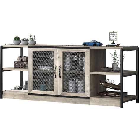 Meuble TV gris rustique pour TV 165,1 cm avec porte en maille, console de rangement style industriel salon chambre (1/5)