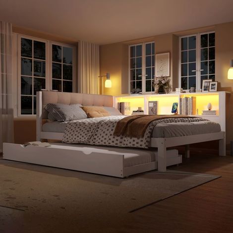 Lit gigogne 140x200, gain d'espace lit adulte, couchage d'appoint, rangement intégré, usb (1/5)