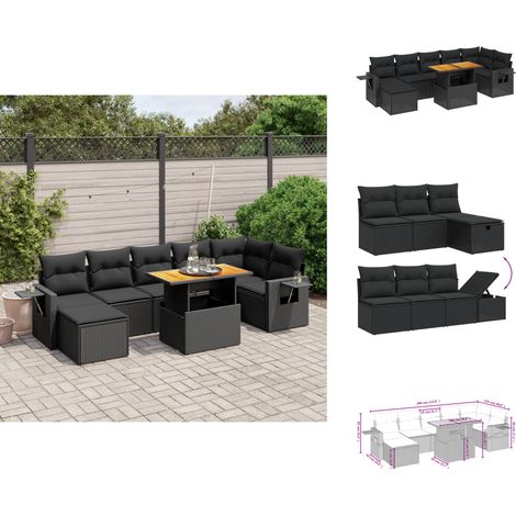 Salon de jardin 8 pcs avec coussins noir résine tressée - Ensemble Salon De Jardin - Mobilier Extérieur - Résine Tressée - Rotin Synthétique - Table Extensible (1/4)