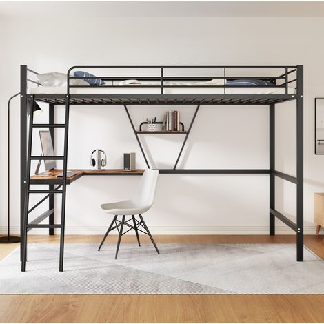 Letto a soppalco per bambini 90x200 cm, con scrivania a L e scaffale, in metallo nero, senza materasso (1/5)