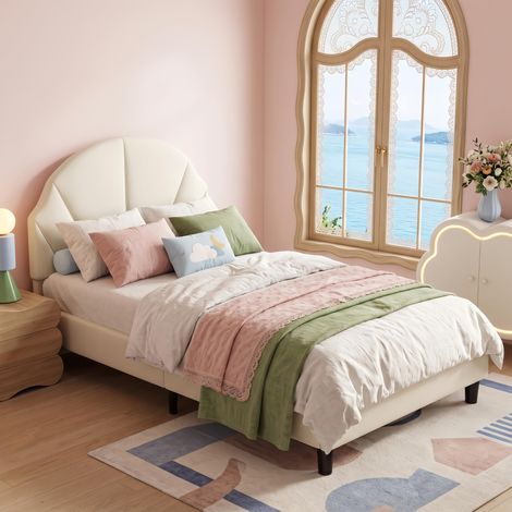 Lit Simple 90x190 cm velours Beige - lit enfant avec sommier à lattes, tête de lit ronde, design moderne - adolescents et aux enfants