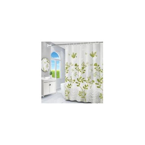 Rideau de Douche AntiMoisissure Vert 180x200 cm Motif Floral, Lavable, Avec 12 Oeillets Blancs