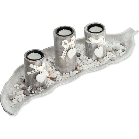 Relaxdays Portacandele, con Vassoio e Vasetti, Centrotavola, L: 50,5 cm, 3 Candeline, Shabby Chic, Cuori, Beige Bianco