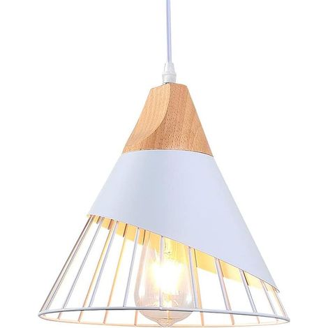 Suspension blanche réglable pour îlot de cuisine, luminaire industriel en bois pour salle à manger, salon, chambre, couloir ou bar. (1/5)