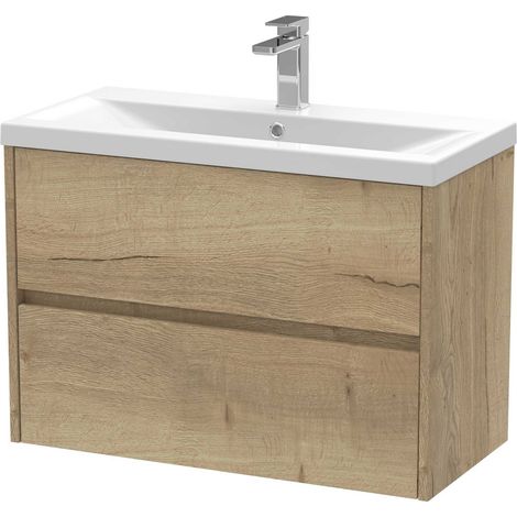 Nuie Havana Autumn Oak Woodgrain 800mm Wall Hung 2 Drawer Vanity Unit and Mid Edge Ceramic Basin - HAV806A (1/4)