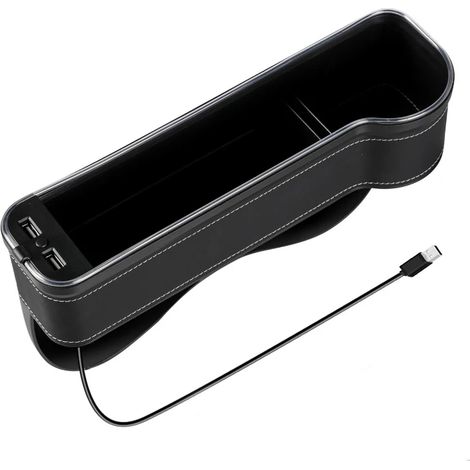 (Noir droit 1 pièce) Organisateur de voiture avec LED colorée, combleur d'espace pour siège auto, double port USB de charge, boîte de rangement en PU avec porte-gobelet.