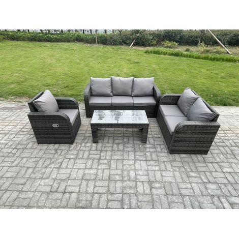 Fimous 6 places Salon de jardin exterieur Ensemble de canapés en rotin avec Table basse rectangulaire Chaise inclinable Gris foncé mixte (1/5)