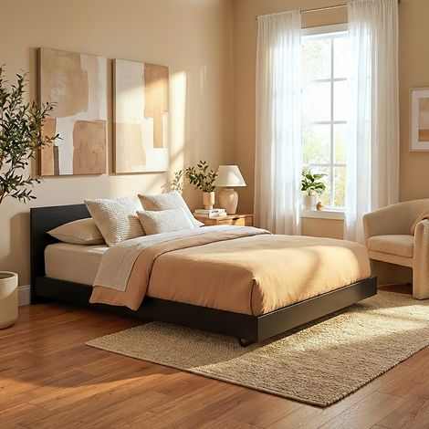Le Quai Des Affaires – Lit adulte 140x190 cm noir avec 2 chevets et sommier – Structure en panneau de particules – Dimensions totales 192x143x75 cm