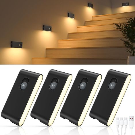 Veilleuse Détecteur de Mouvement, Lot de 4 Lampes LED Rechargeables, Lampe Détecteur de Mouvement Intérieur avec 3 Modes(AUTO/OFF/ON), Lampe Veilleuse pour Escalier, Couloir, Chambre, Armoire