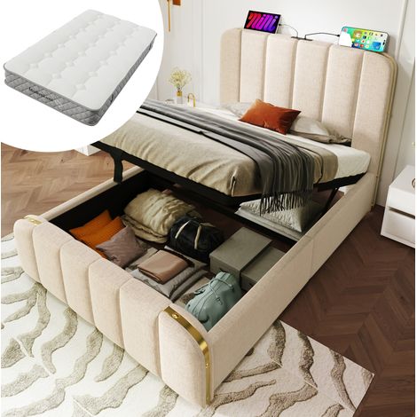 MEUBLIV Letto 90x200 cm beige - contenitore idraulico, USB-C, con materasso (1/5)