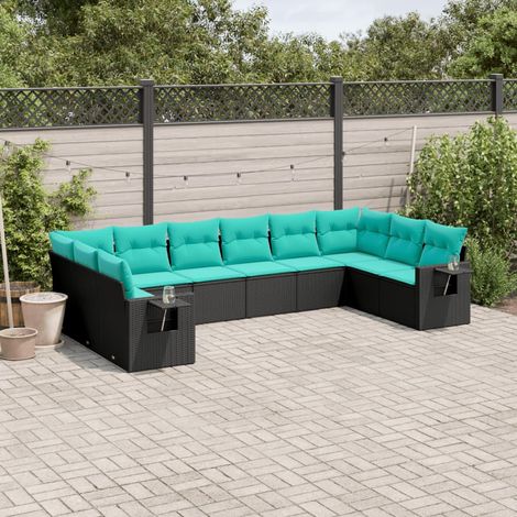 10-teiliges Gartensofa-Set mit Kissen, schwarzes Polyrattan (1/5)