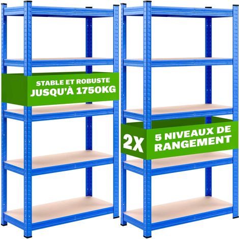 Pack de 2 étagères charge lourde MONZANA - Métallique - 180 x 90 x 40 cm - Bleu - Charge max. 875 kg - 5 Panneaux MDF - Étagère de Rangement stockage Cave