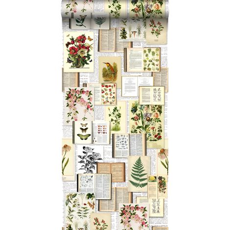papier peint intissé XXL pages d'un livre botanique avec fleurs et plantes beige crème clair, vert, marron et jaune ocre  - ESTAhome (1/5)