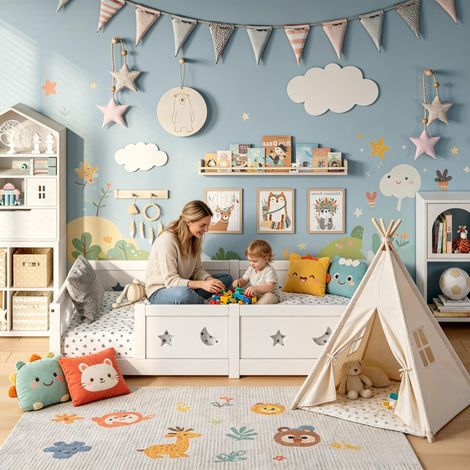 FOERPL-Lit au Sol Enfant 120x200 cm, Lit Montessori avec Barrière de Sécurité et Sommier à Lattes, Cadre de Lits Enfant en Bois Massif Renforcé de Pin, Lit d'enfant avec Étoiles-Lune