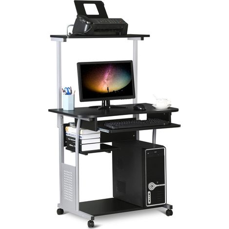 Yaheetech – Bureau informatique noir 80 x 50 x 132 cm – 3 tablettes de rangement – Roulettes avec freins – Panneau de particule et tube métallique