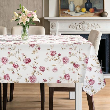 Nappe 140x180 cm motif rose, rectangulaire, facile d'entretien, rose