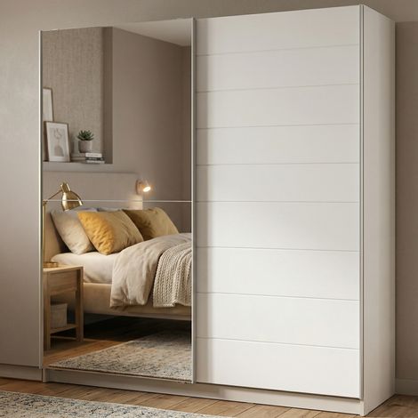 Armario Grande Valsinni, Ropero Dormitorio Perchero, 8 Estantes, Puerta Corredera, 217x210h cm Blanco Mate (1/5)