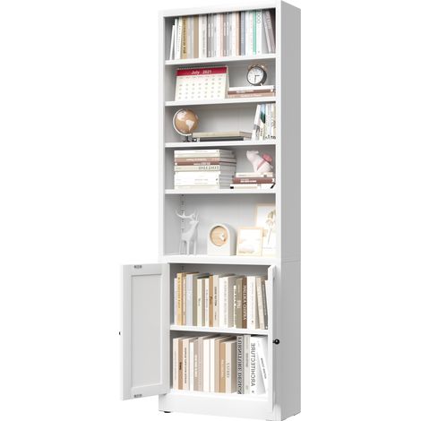 Metall-Bücherregal mit 5 Ebenen und Tür, industrielles weißes Bücherregal mit verstellbaren Einlegeböden, Maße H 180 × B 60 × T 23,6 cm, geeignet für Wohnzimmer, Büro und Bibliothek, modernes Wohnmöbe (1/5)