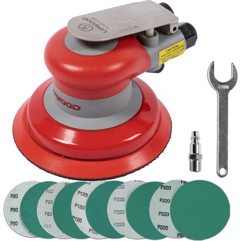 125mm ponceuse orbitale pneumatique 5", légère, sans aspiration, orbite 3/16", 12 000 tr/min, avec 10 abrasifs (grain 60–320), pour carrosserie, bois, composites (1/5)
