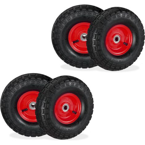 Relaxdays Sackkarrenrad 4er Set, 4.10 3.50-4, luftbereift, Stahlfelge, 136 kg, Schubkarrenrad, Ersatzrad, schwarz/rot