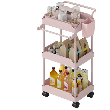 Chariot de cuisine 3 niveaux avec paniers amovibles et porte-serviettes rose