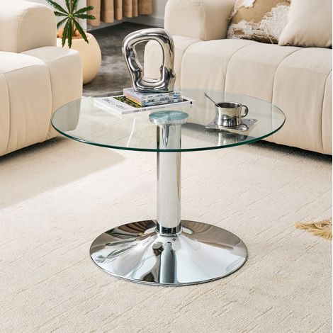 Mesa de centro redonda de cristal (70x70x45 cm), diseño moderno, base metálica, color plata (1/5)