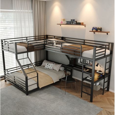 Letto a castello in metallo con scrivania, 3 posti letto, nero, 90 x 200 cm + 140 x 200 cm (1/5)