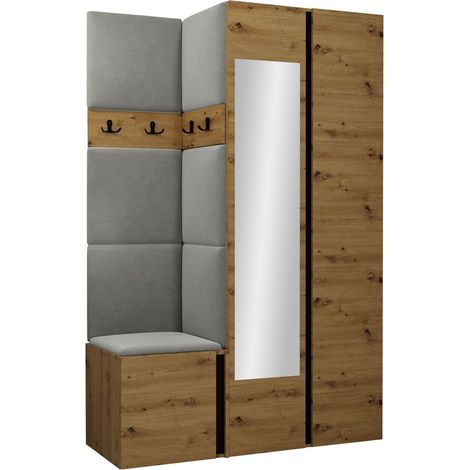 Mobilier1 – Meuble d'entrée Hartford 350 en chêne artisan et noir – Dimensions 186x116x44cm – Miroir intégré – À poser ou suspendre (1/5)