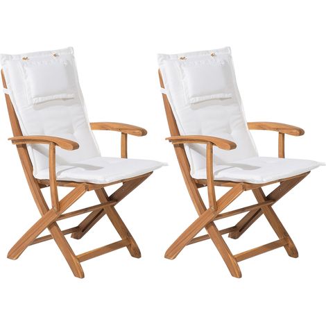 Conjunto de 2 sillas de comedor de jardín de madera clara con cojín blanco estructura de madera de acacia diseño rústico plegable Maui