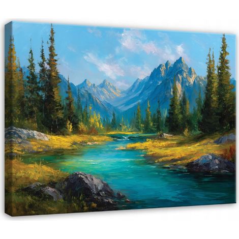 Leinwandbild Berge, Wald und Fluss, Natur Landschaft für Schlafzimmer und Wohnzimmer, hochauflösender Druck, 60 x 40 cm