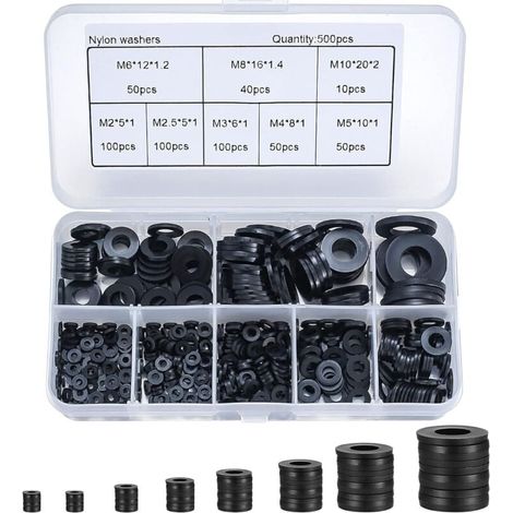 500pcs Nylon Washers, Insulated Washers, Round Gasket, Sealing Pipe Assortment Kit, M2/M2.5/M3/M4/M5/M6/M8/M10 (Black) MUMU (1/4)