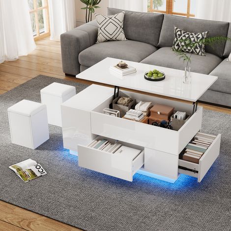 Couchtisch aus Spanplatte Weiß 100 x 50 cm höhenverstellbar mit LED, 2 Schubladen und 2 Hockern