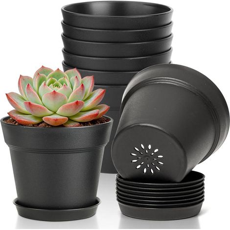 8er Set Blumentöpfe 10cm mit Untersetzer, Kunststoff, Schwarz, mit Ablauflöchern (1/5)