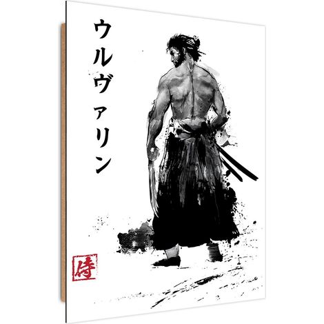 Tableau bois Wolverine samouraï style à l'encre - 50 x 70 cm (1/5)