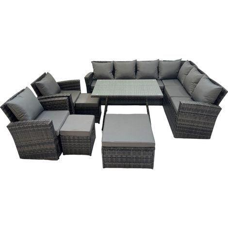 Fimous 11 Seater Garden Outdoor Rattan Furniture Set Rattan Corner Sofa Oblong Dining Table with 2 Armchairs 3 Footstools Dark Grey (1/5)