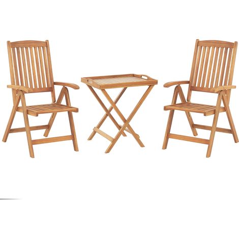 Conjunto de balcón mesa de madera de acacia clara 2 sillas plegables diseño atemporal exteriores Java (1/5)
