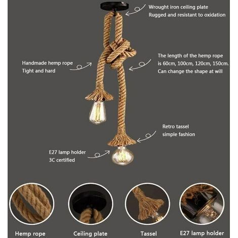 Lustre Corde Chanvre Corde Chanvre Double Tête Suspendue Lumière pour Salle À Manger, Hall, Restaurant, Bar, Café, Salon Salle À Manger Bar Balcon 120cm AC 220V E27 [Classe énergétique A+++] (1/4)