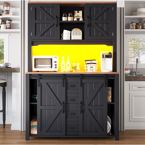 Aparador de cocina alto de MDF y metal negro con puertas correderas, 2 cajones, LED y estantes ajustables 115x40x174,7 cm (1/5)