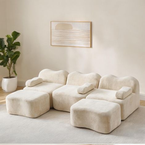 Sofa modulaire en U 288 cm velours beige avec 2 poufs en velours (1/5)