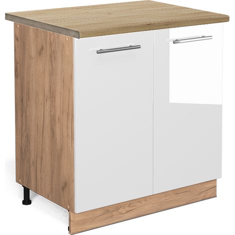 Spülenunterschrank Fame-Line, Weiß Hochglanz, 80 cm mit Regal, AP Eiche, Vicco