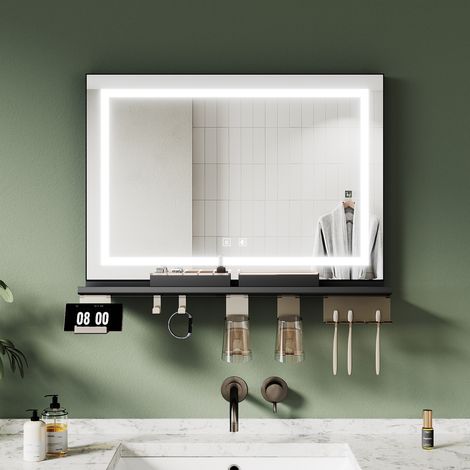 ELEGANT Modern Bathroom LED Mirrors with Anti-Fog Black Storage Shelf and Dimmable 3-Color Lighting, 700x500mm