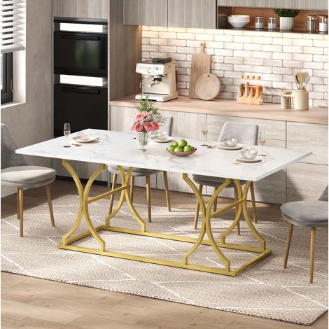 Tavolo da pranzo 200x80x76 cm bianco oro in MDF con effetto marmo, piano resistente all'acqua e gambe regolabili (1/5)
